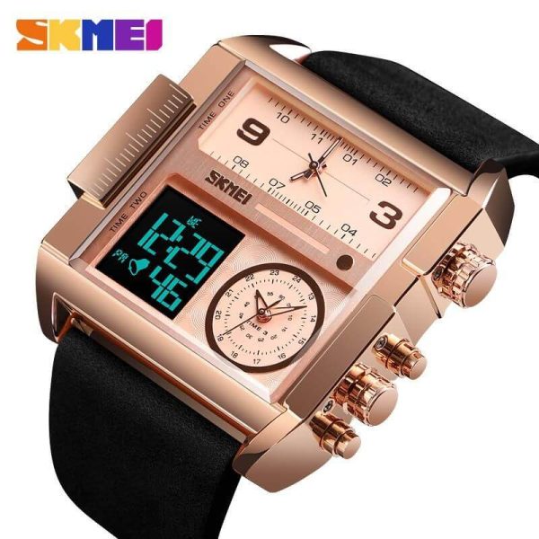 SKMEI 1584 Men's Multifunction Square Dial Digital Analog LED Chronograph Leather Strap Wristwatch - RoseGold/Black