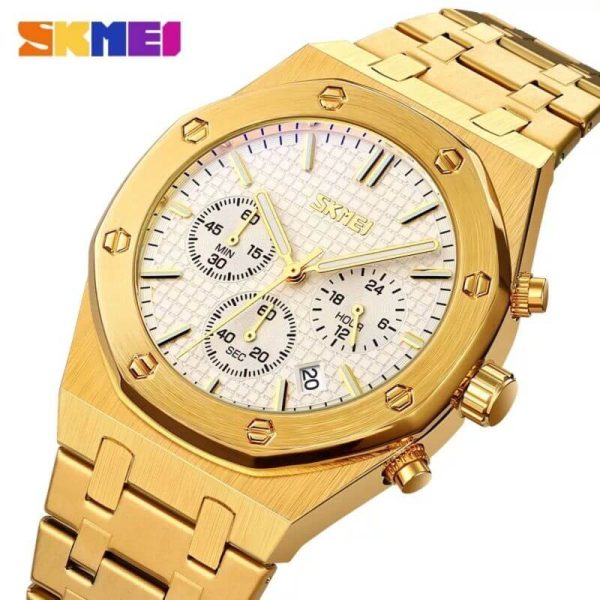 SKMEI 9296 Men's Classic Chronograph Stainless Steel Luminous Date Display Quartz Watch - Golden