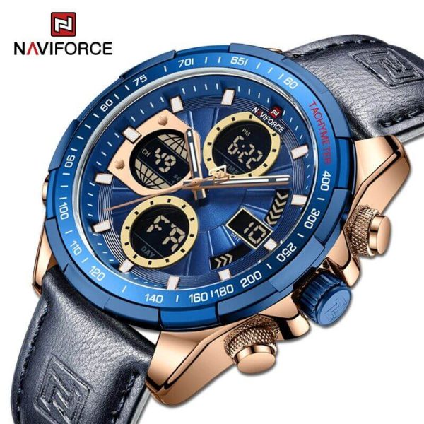 NAVIFORCE NF9197 Men's Business Day Date Function Analog Digital  Leather Strap  Wristwatch - Blue/Rosegold