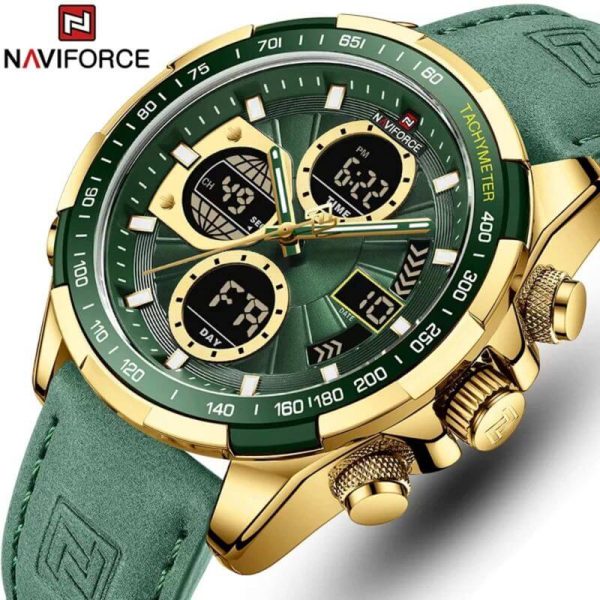 NAVIFORCE NF9197 Men's Business Day Date Function Analog Digital  Leather Strap  Wristwatch - Golden/Green