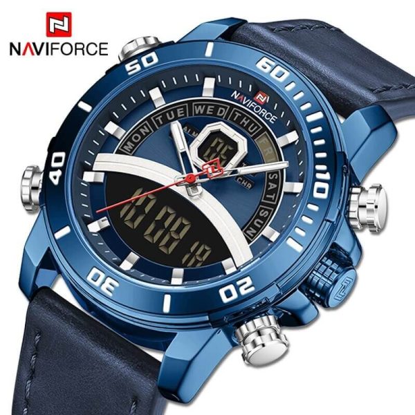 NAVIFORCE NF9181 Dual Time Luxury Series Digital Analog Function Leather Watch For Men - Blue