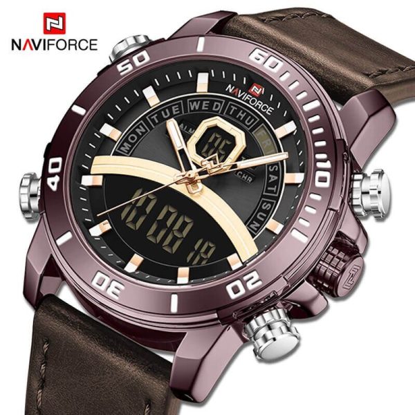 NAVIFORCE NF9181 Dual Time Luxury Series Digital Analog Function Leather Watch For Men - Coffee