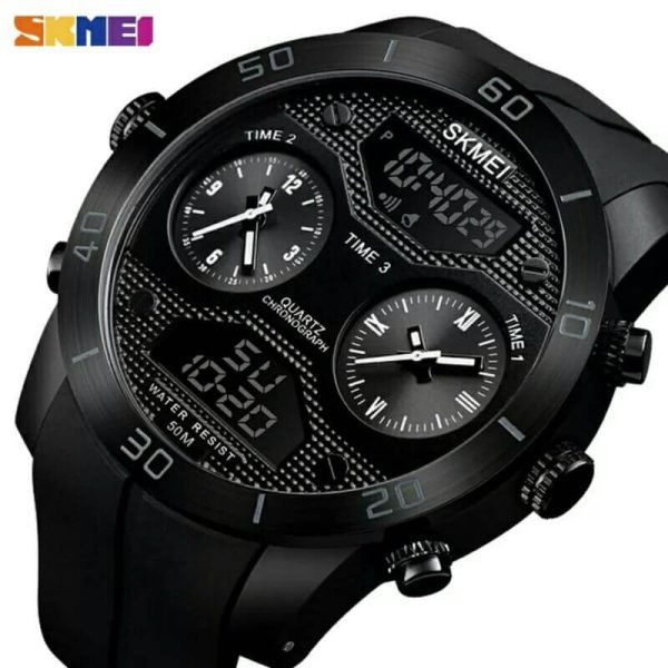 SKMEI 1355  Men's Chronograph Multifunction 3Time Display Analog Digital PU Strap Watch - Black