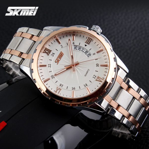 SKMEI 9069 Business Quartz Stainless Steel Roman Numeral Index Date Display Watch For Men - Silver/RoseGold - Image 2