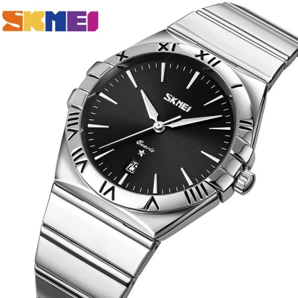 SKMEI 9257 Business Casual Roman Numeral Date Display Stainless Steel Wristwatch For Men - Silver/Black