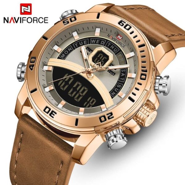 NAVIFORCE NF9181 Dual Time Luxury Series Digital Analog Function Leather Watch For Men - Light Brown