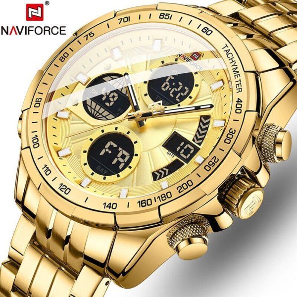 NAVIFORCE NF9197  Men's Business Stainless Steel Day Date Function Analog Digital Wristwatch - Golden