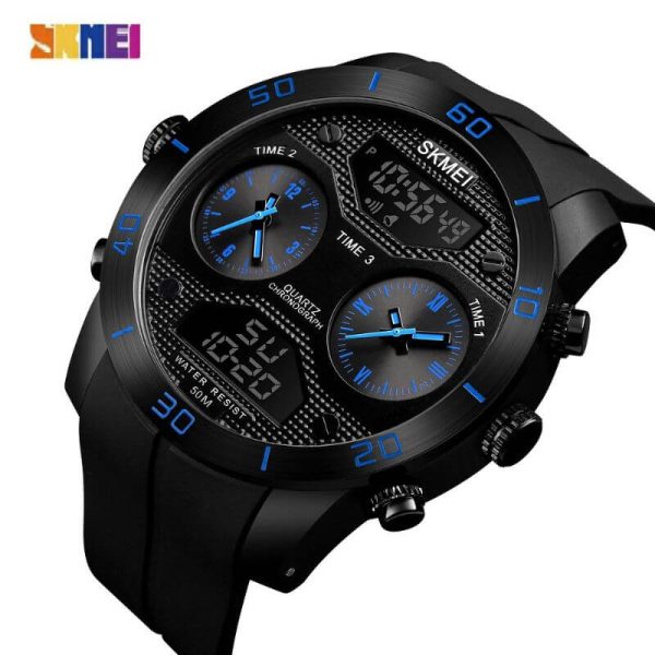 SKMEI 1355  Men's Chronograph Multifunction 3Time Display Analog Digital PU Strap Watch - Black/Blue