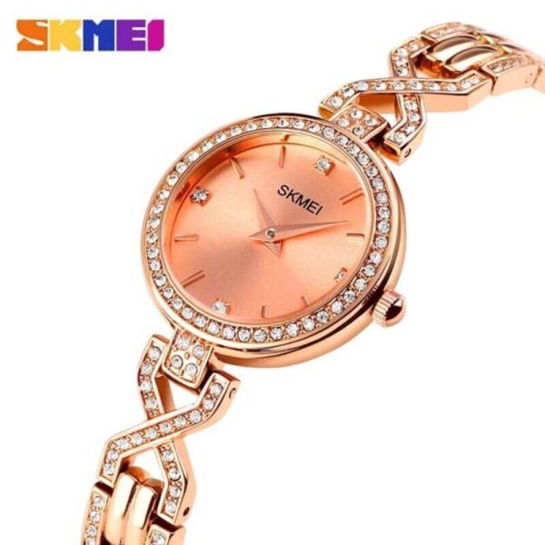 SKMEI 1738 Iced Elegant Round Dial Diamond Rhinestone Bracelet Design Stainless Steel Watch For Women - RoseGold