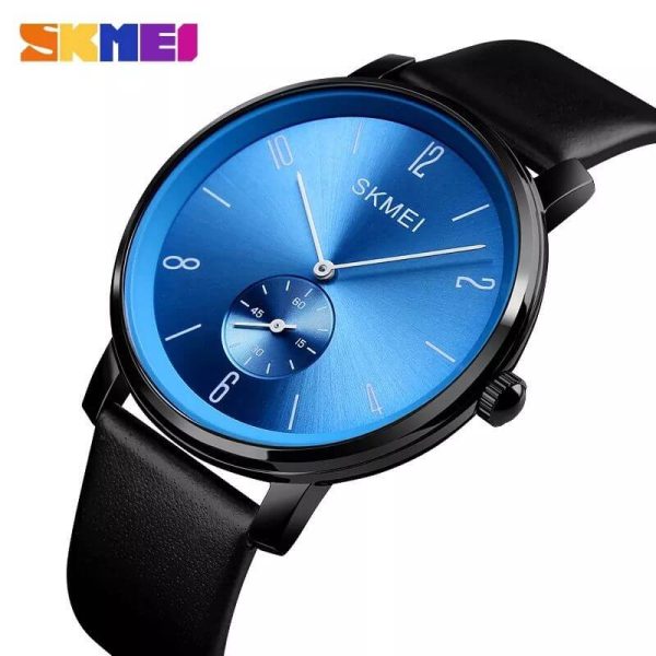 SKMEI 1398 Casual Simple Slim Round Dial Leather Strap Quartz Watch For Men - Blue/Black