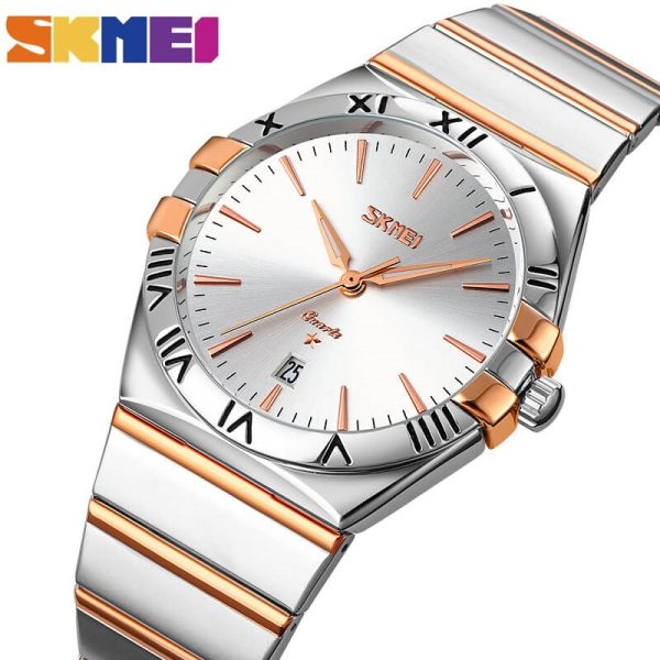 SKMEI 9257 Business Casual Roman Numeral Date Display Stainless Steel Wristwatch For Men - Silver/White