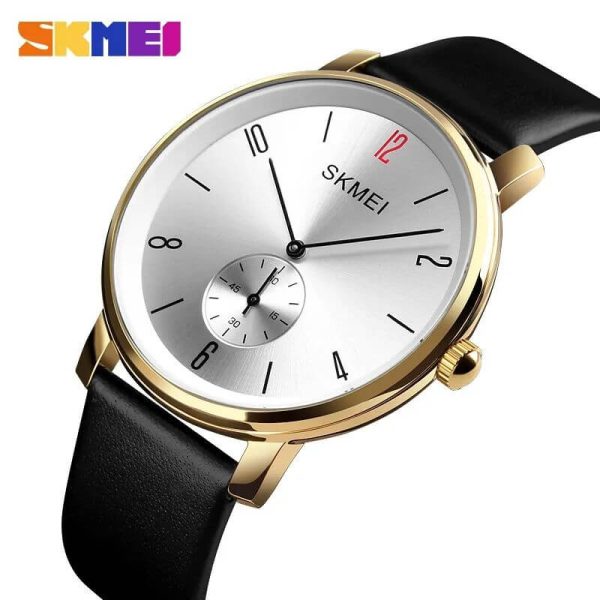 SKMEI 1398 Casual Simple Slim Round Dial Leather Strap Quartz Watch For Men - Golden