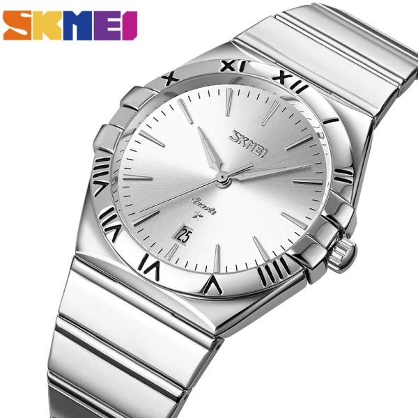 SKMEI 9257 Business Casual Roman Numeral Date Display Stainless Steel Wristwatch For Men - Silver