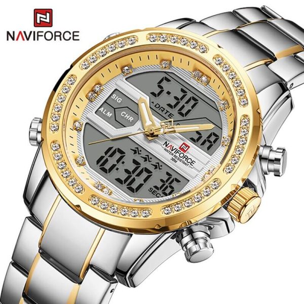 NAVIFORCE  NF9190 Dual Time MultiFunction Luxury Stainless Steel Watch For Men - Gold/Silver