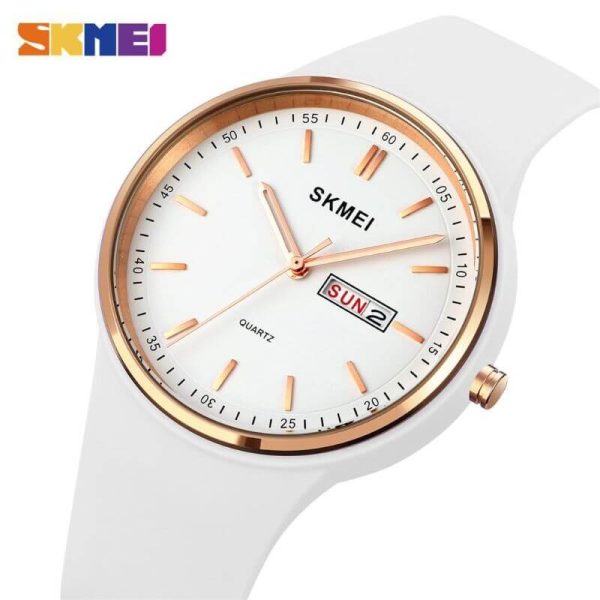 SKMEI 1747 Women's Top Luxury Round Dial Date Day Display Silicon Strap Quartz Moment Watch - White