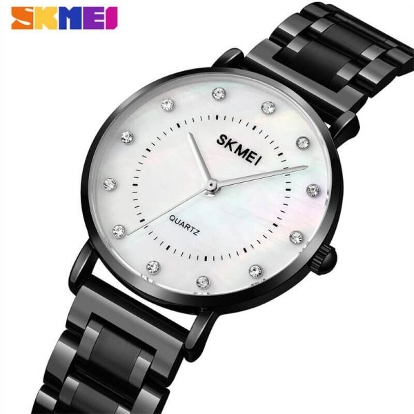 SKMEI 1840 Simple Elegant Rhinestone Round Dial Quartz Stainless Steel Watch For Women-Black