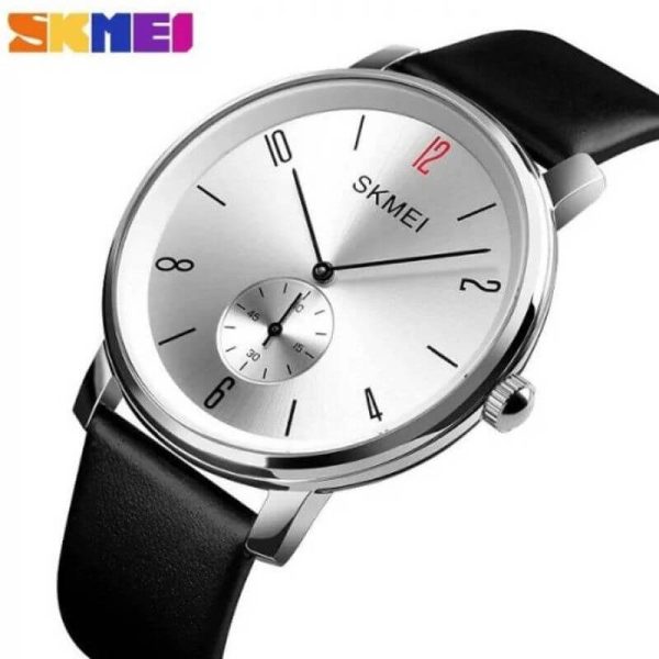 SKMEI 1398 Casual Simple Slim Round Dial Leather Strap Quartz Watch For Men - Silver