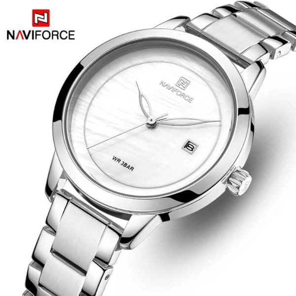 NaviForce NF5008 Date Function Marble Finish Luxury Quartz Watch For Women - Silver