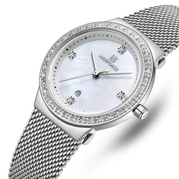 NaviForce NF5005 Date Function Mesh Analog Ladies Watch - Silver