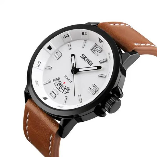 SKMEI 9115 Men's Casual Date Display Leather Strap Luminous Quartz Watch - White/Brown