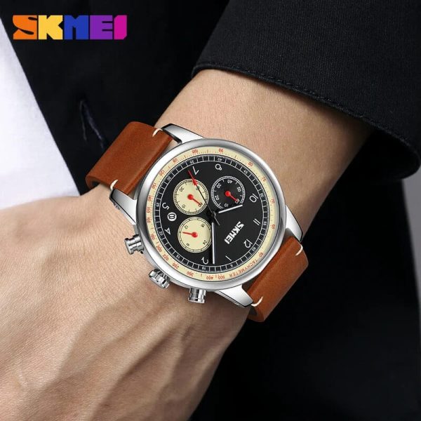 SKMEI 9318 Men's Casual Multifunction Tachymeter Leather Strap Luminous Watch - Yellow/Brown - Image 2