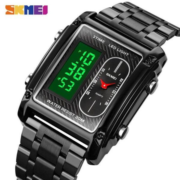 SKMEI 1868 Casual Rectangle Dial Digital Analog Luminous Stainless Steel Stopwatch For Men - Black