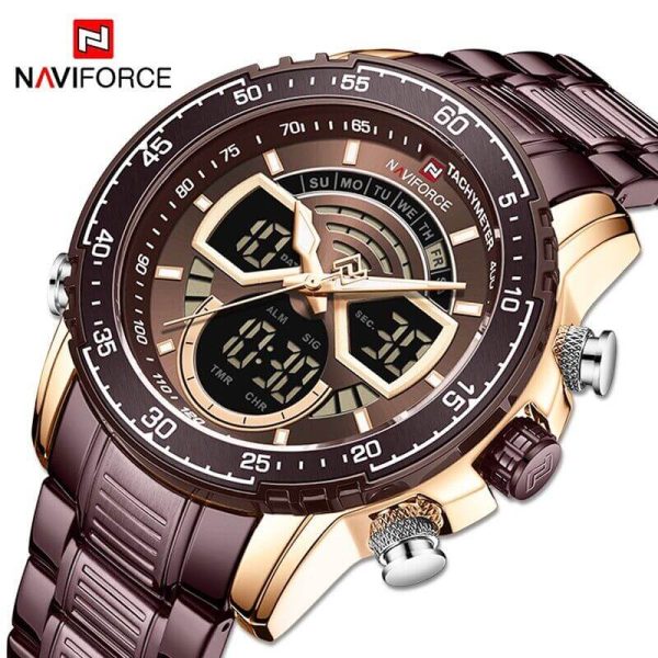 NAVIFORCE NF9189 Stainless Steel Dual Movement Digital Analog Dark Night Display Quartz Watch For Men - Coffee