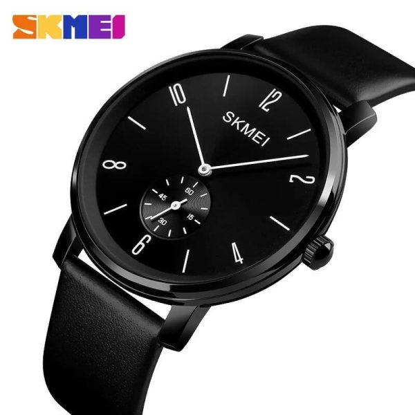 SKMEI 1398 Casual Simple Slim Round Dial Leather Strap Quartz Watch For Men - Black