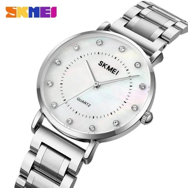 SKMEI 1840 Simple Elegant Rhinestone Round Dial Quartz Stainless Steel Watch For Women-Silver