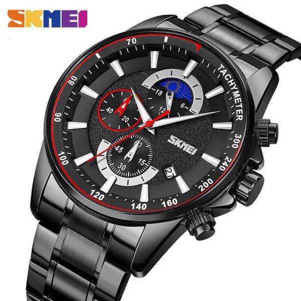 SKMEI 9250 Men's Multifunction Moonphase Creative Design Chronograph Date Display Stainless Steel Watch - Black