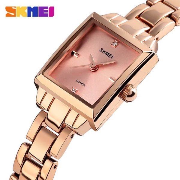 SKMEI 1407 Women's Rectangle Shape Diamond Studded Ultra Thin Stainless Steel Analog Watch - RoseGold