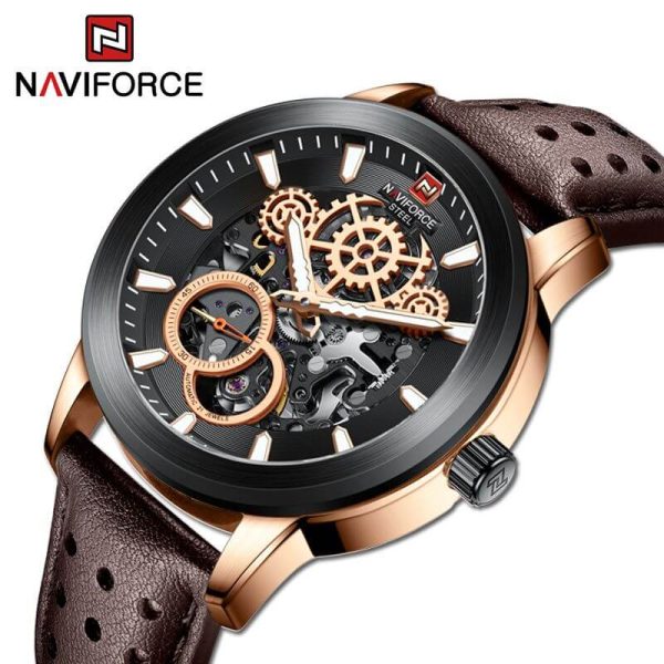 NaviForce NFS1002L Men's Self Winding Mechanical 10 ATM Waterproof Leather Strap Luminous Hands Chronograph Watch -Brown