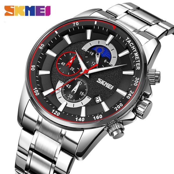 SKMEI 9250 Men's Multifunction Moonphase Creative Design Chronograph Date Display Stainless Steel Watch - Silver