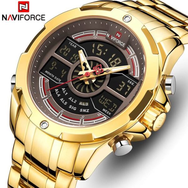 NaviForce NF9170 Dual Movement Digital Analogue Quartz Watch For Men - Golden