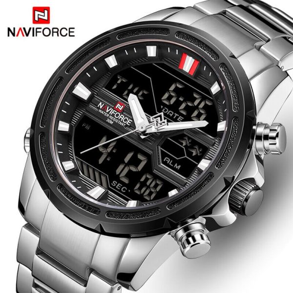 NAVIFORCE NF9138 Digital Analog Dual Movement Stainless Steel Watch - Black/Silver