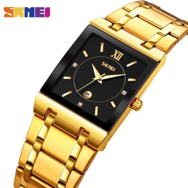 SKMEI 9263 Luxury Rectangle Shape Date Display Stainless Steel Quartz Watch For Men  - Black/Golden