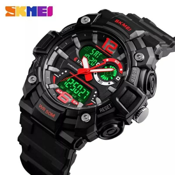 SKMEI 1529 Men's Sports LED Light Chronograph Dual Display 3 Time Multi-Function Watch - Red/Black