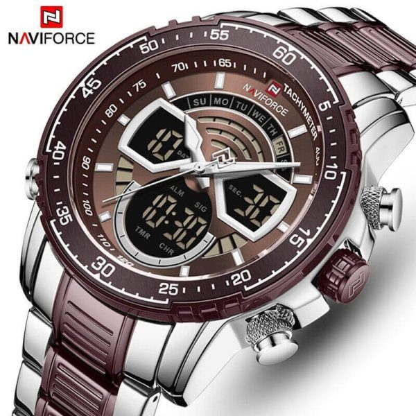 NAVIFORCE NF9189 Stainless Steel Dual Movement Digital Analog Dark Night Display Quartz Watch For Men - Coffee/Silver