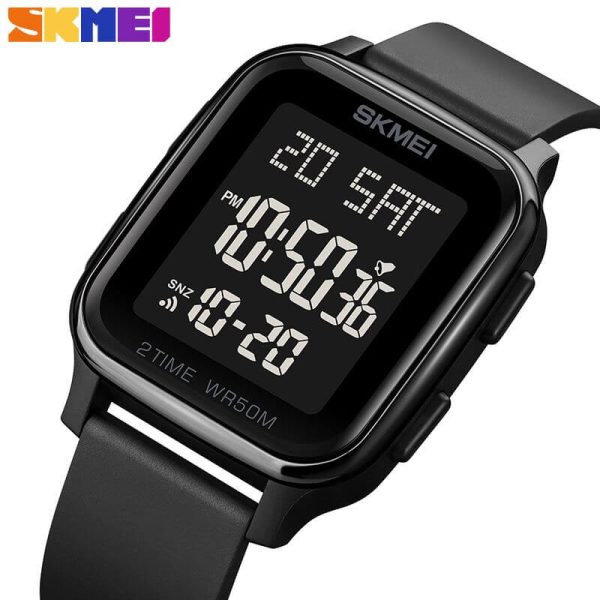 SKMEI 1858 Fashion LED Light Digital Rectangle Shape Complete Calendar Wristwatch For Men - Black