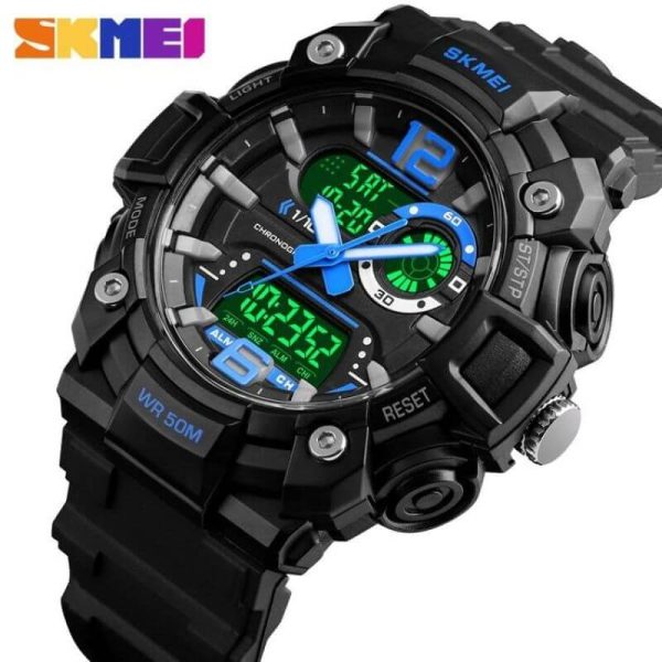 SKMEI 1529 Men's Sports LED Light Chronograph Dual Display 3 Time Multi-Function Watch - Blue/Black