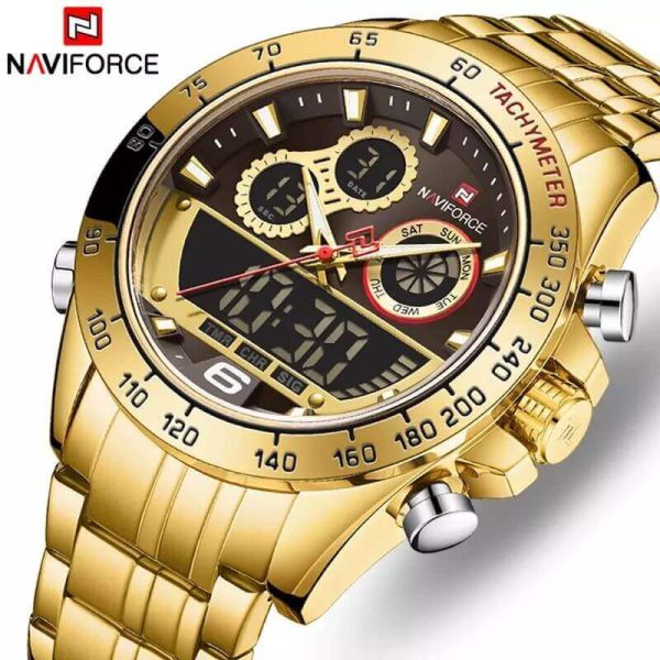 NAVIFORCE NF9188 Men's Stainless Steel Double Time Digital/Analog Quartz Wristwatch - Golden