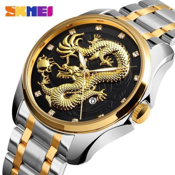 SKMEI 9193 Dragon Quartz Luxury Stainless Steel Alloy Business Waterproof Wristwatches For Men - Black/Multicolor