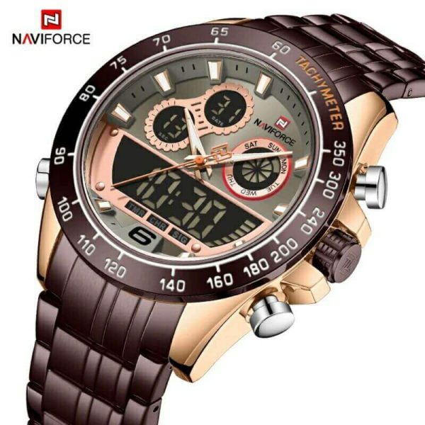 NAVIFORCE NF9188 Men's Stainless Steel Double Time Digital/Analog Quartz Wristwatch - Coffee