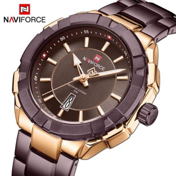 NaviForce NF9176 Luminous Stainless Steel Leisure Design Calendar Quartz Watch For Men  - Coffee