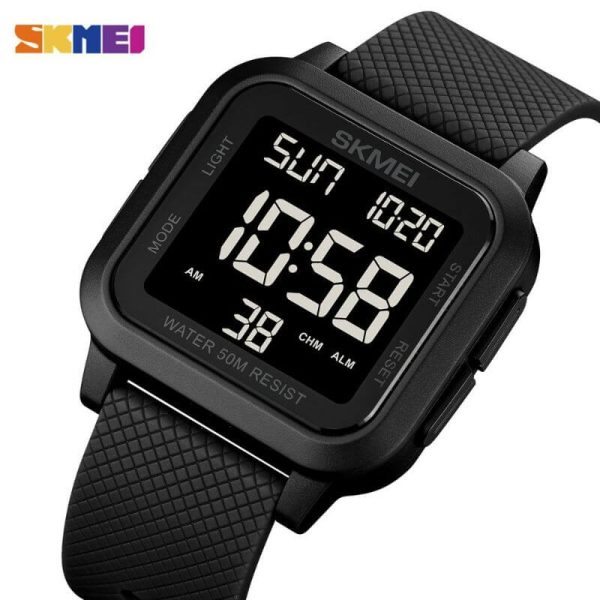 SKMEI 1894 Digital Movement Stopwatch Countdown LED  Display Square Shape Watch For Men - Black