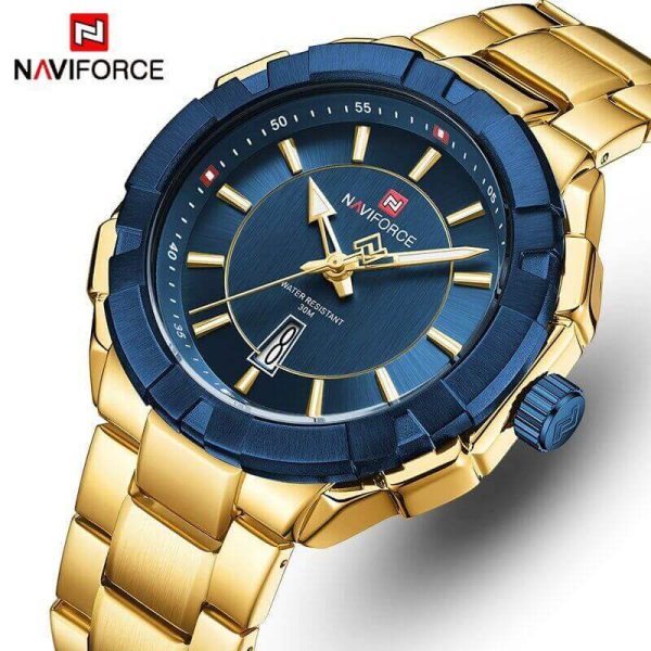 NaviForce NF9176 Luminous Stainless Steel Leisure Design Calendar Quartz Watch For Men  - Golden