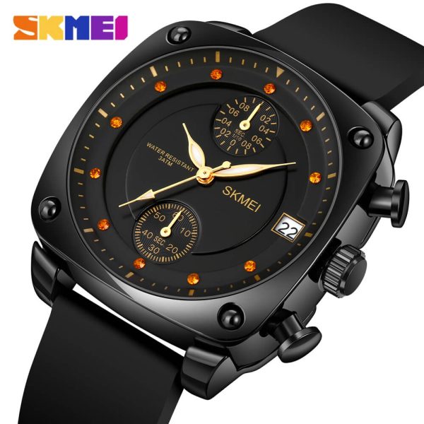 SKMEI 1903 Retro Personality Fashion Rhinestone Chronograph Leather Strap Watch For Men - Black