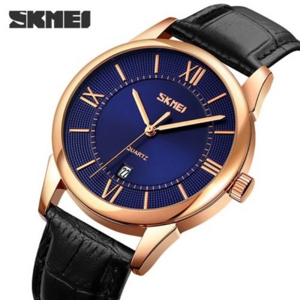 SKMEI 9261 Business Roman Numeral Classic Date Display Leather Strap Watch For Men - Blue/Black