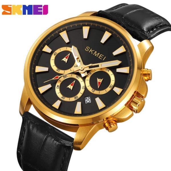 SKMEI 2071 Fashion Chronograph Date Display Leather Watch For Men - Yellow/Black