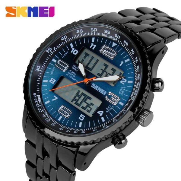 Skmei 1032 LED Dual Display Alarm Chrono Calendar Waterproof Full Stainless Steel Watch For Men - Blue